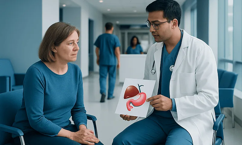 Doctor explaining gallstone diagram to a patient in hospital corridor.