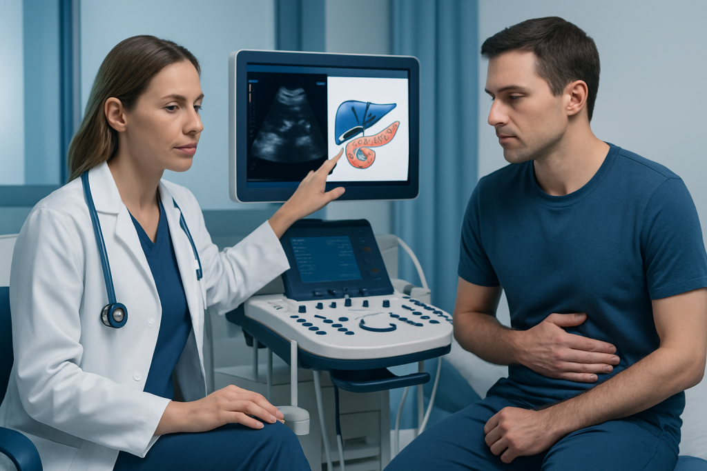 Doctor explaining gallbladder ultrasound to patient in clinic.