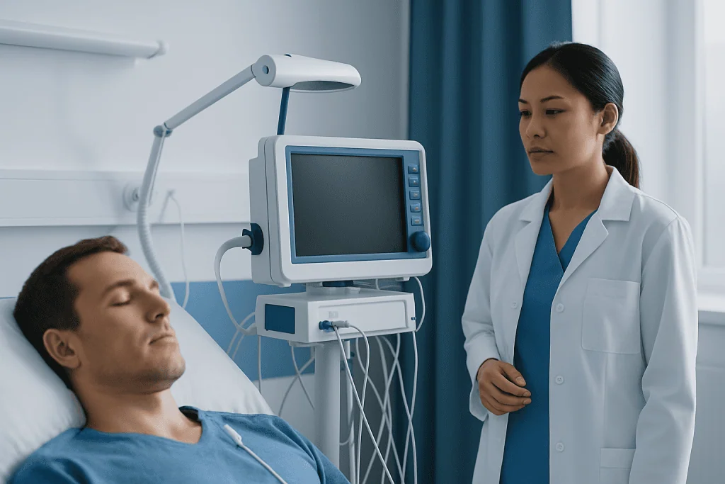 Hospital room with patient and nurse near medical monitoring equipment.