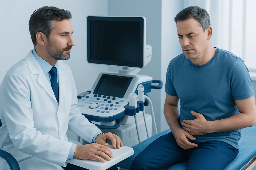 Doctor consulting patient with stomach pain in a medical office.