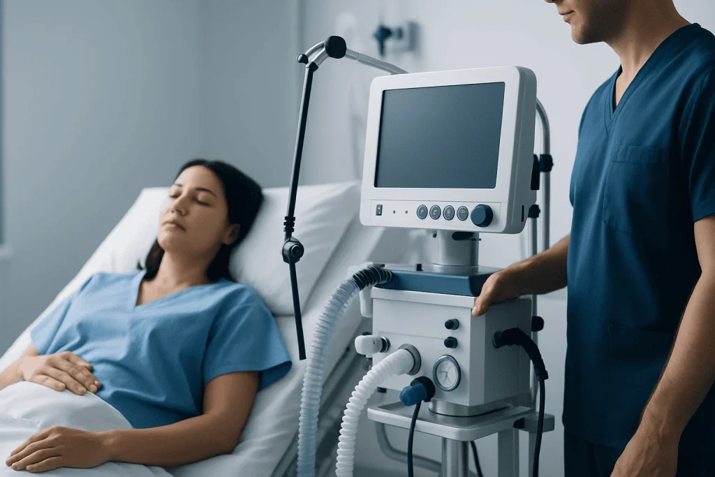 Patient in hospital bed connected to medical ventilator at Acibadem Hospital.