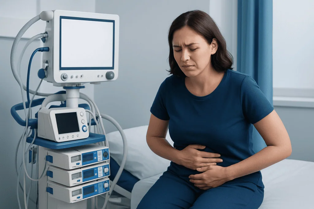 Woman experiencing stomach pain in a hospital room with medical equipment.