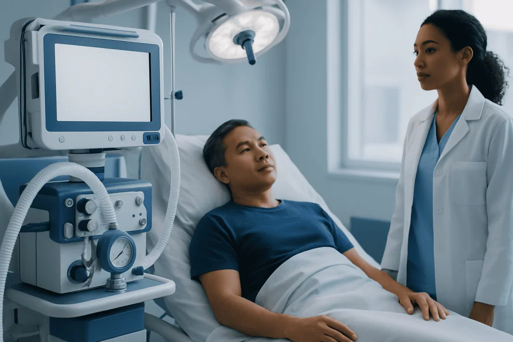 Hospital patient in bed with medical staff in a clinical setting.