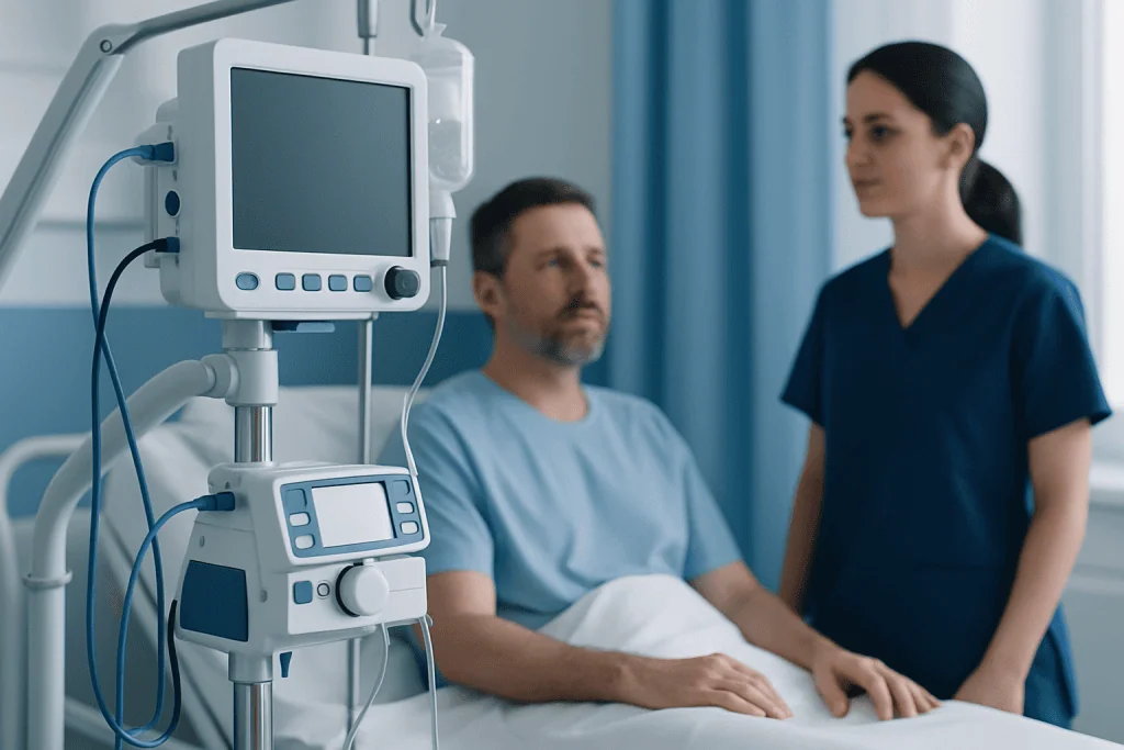 Hospital patient in bed with medical monitor and nurse in background.
