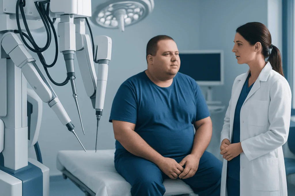 Surgeon consulting with a patient in an operating room setting.