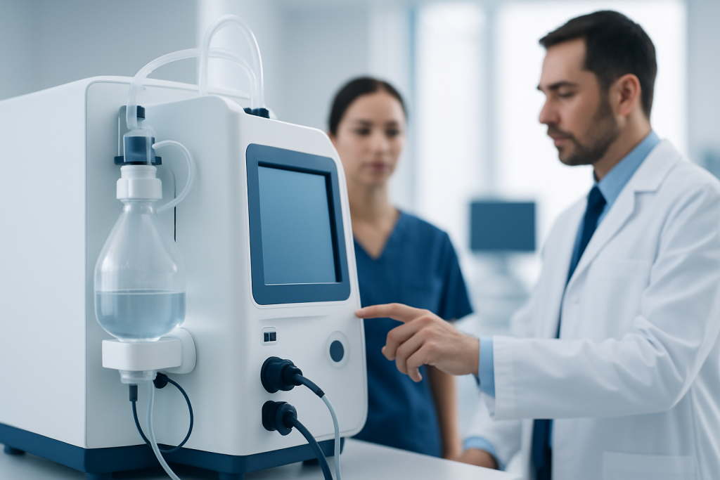 Medical professionals operate a dialysis machine in a hospital setting.