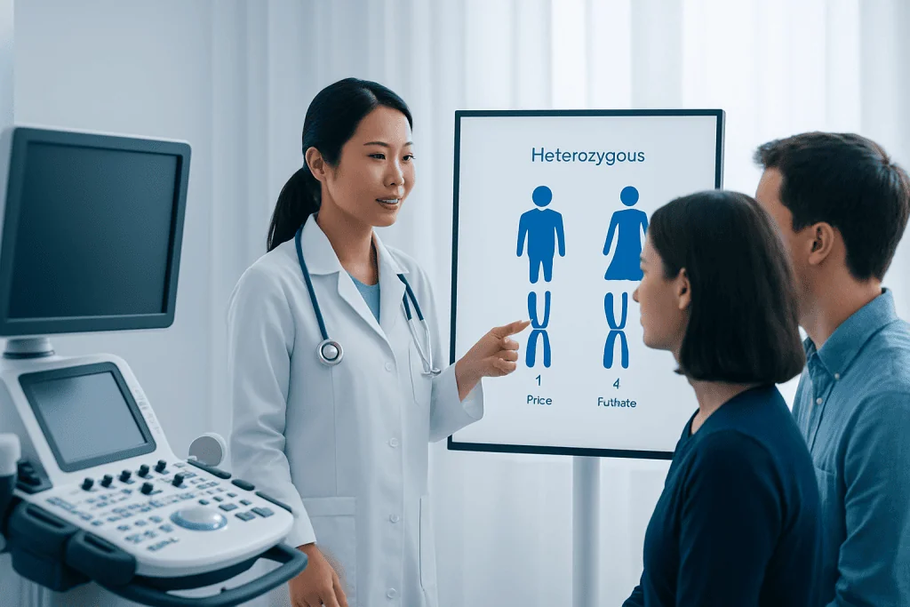 Medical professional explaining genetics to patients in a hospital setting.