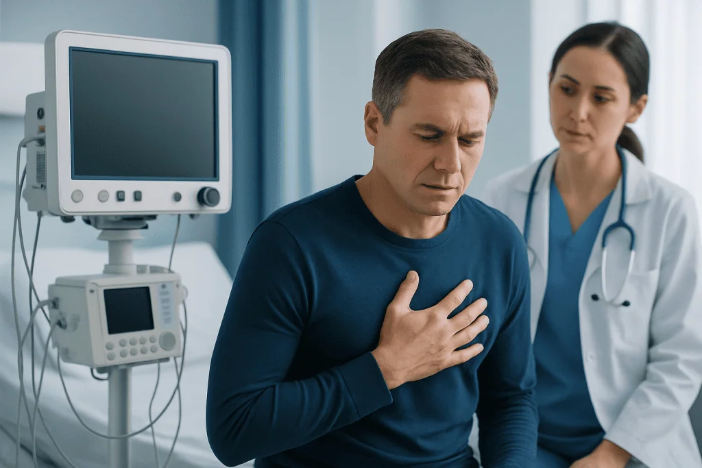 Man experiencing chest pain in a hospital setting with a doctor nearby.