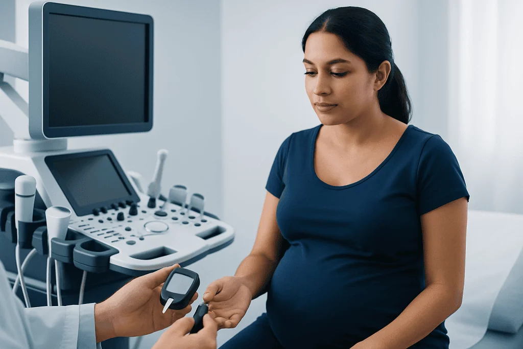 Pregnant woman undergoing blood sugar test at hospital.