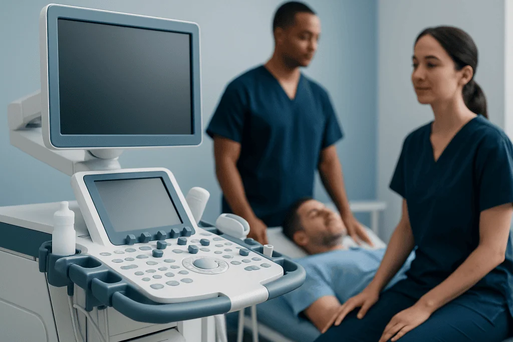Medical professionals performing an ultrasound examination in a hospital room.