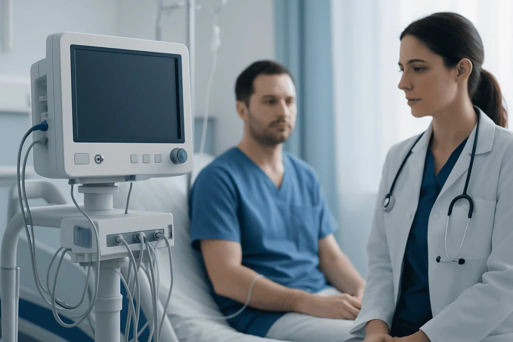 Doctor consulting with patient in hospital room with medical monitor.