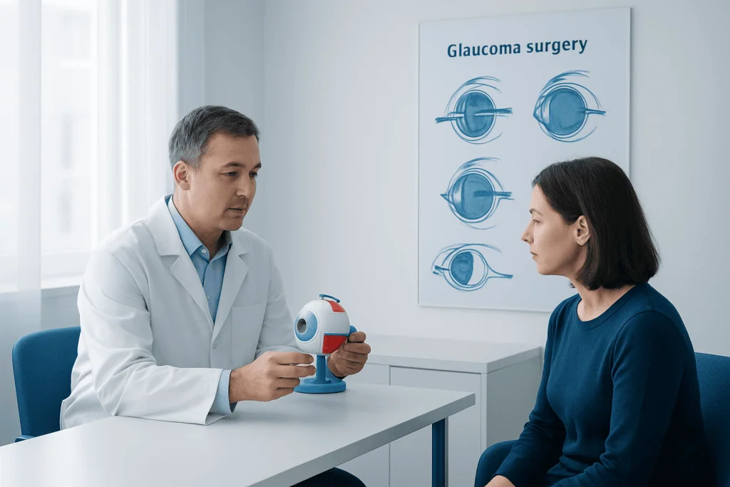 Ophthalmologist explains glaucoma surgery to patient using model eye.