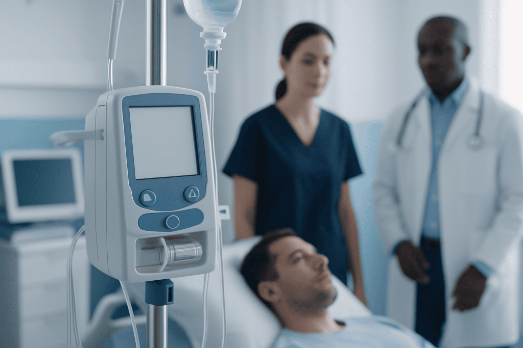 Hospital patient in bed with medical staff and monitoring equipment nearby.