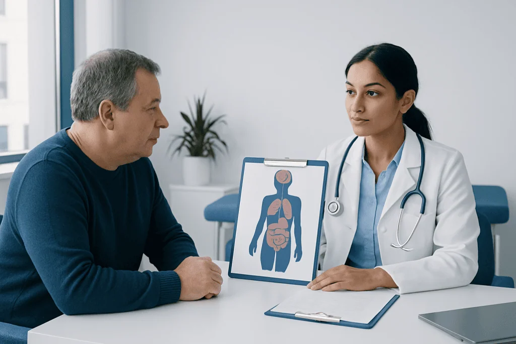 Doctor explaining digestive system to patient in medical consultation.