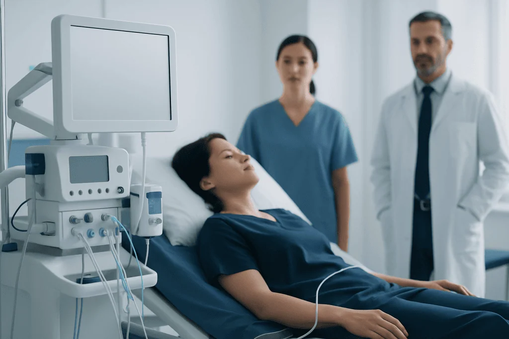 Patient in hospital bed connected to medical monitoring equipment.