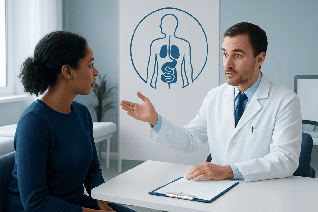 Doctor explaining gastrointestinal health to a patient in a clinic setting.