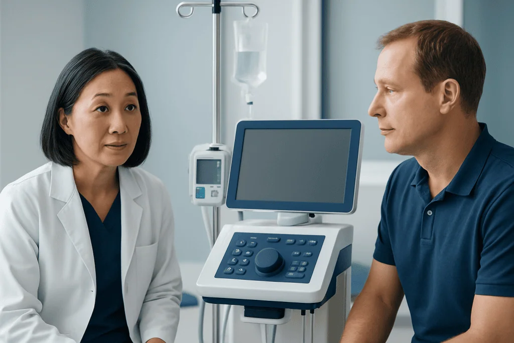 Doctor and patient in a hospital consultation room with medical equipment.