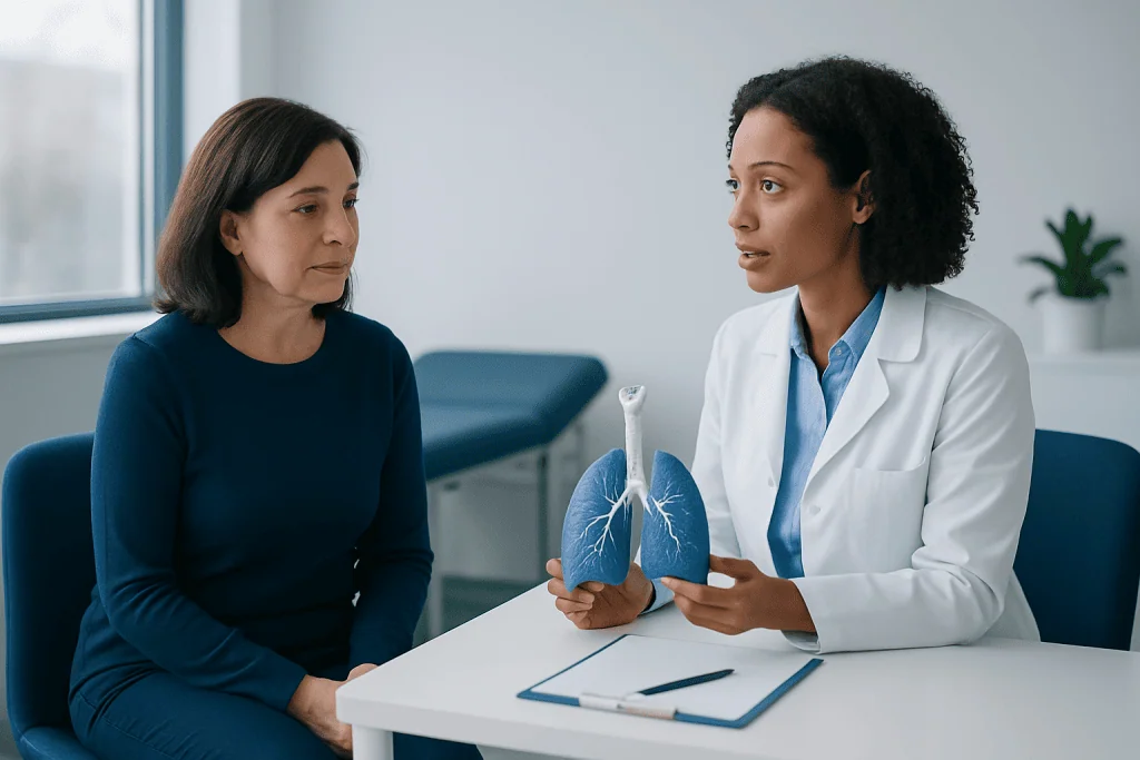 Doctor explaining lung health to patient with lung model in clinic.