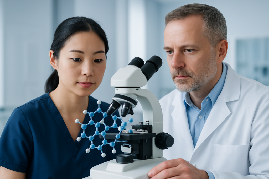 Scientists examining a molecular model through a microscope at Acibadem Hospitals.