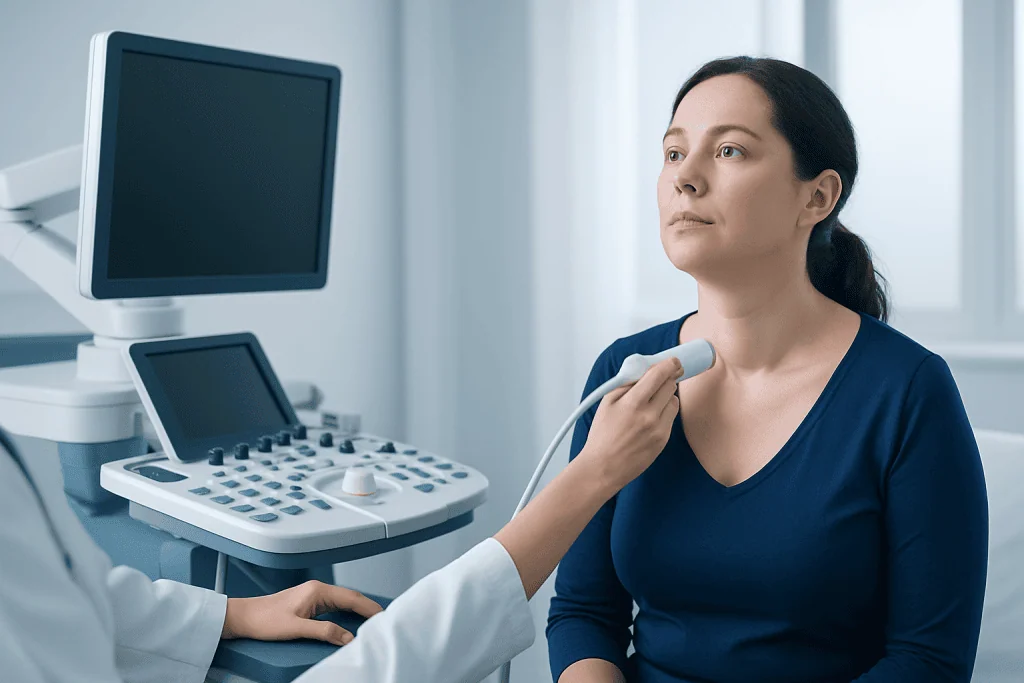 Doctor performing a thyroid ultrasound on a woman patient in a clinical setting.