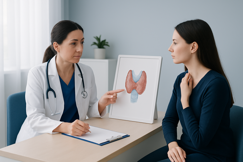 Doctor explaining thyroid gland diagram to patient in consultation room.