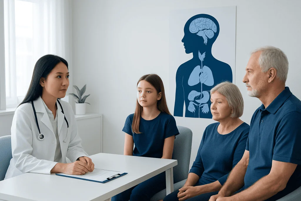 Doctor consulting with family in a hospital setting with brain and body diagram.