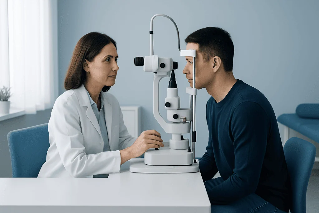Optometrist performs gonioscopy on patient in a clinical setting.