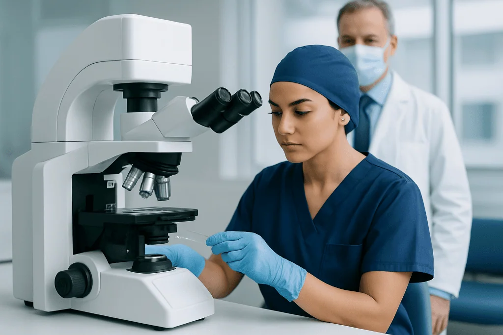 Medical researchers using a microscope in a laboratory setting.