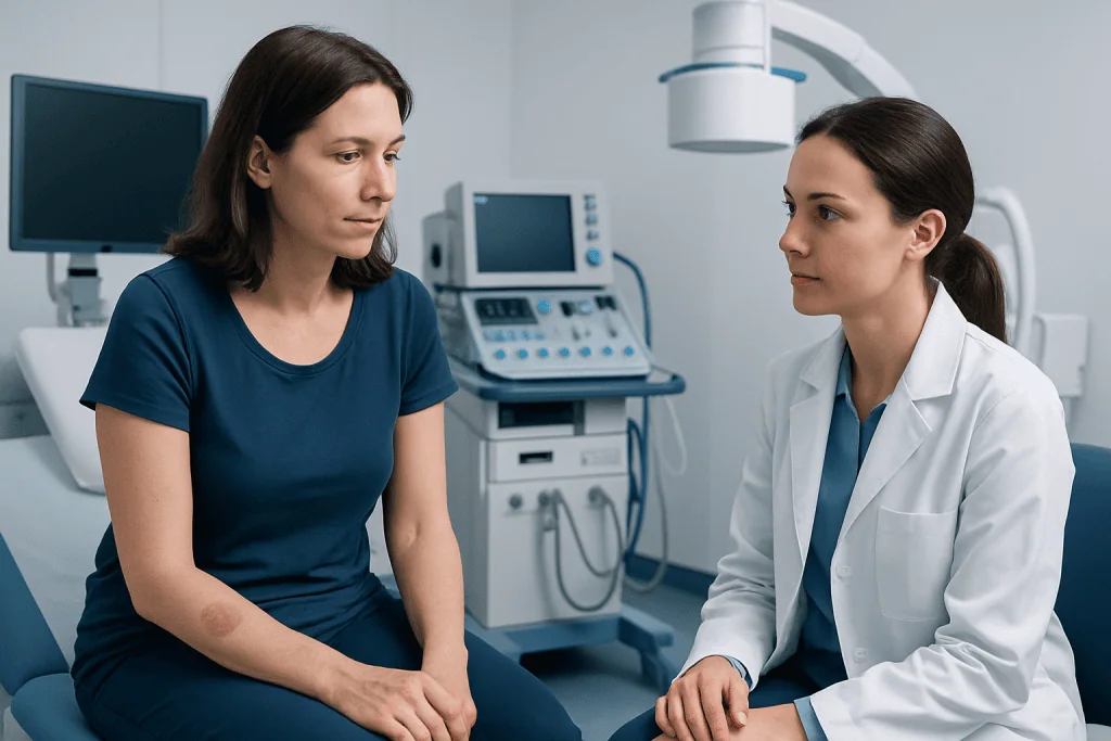 Doctor consulting with patient in a medical examination room.