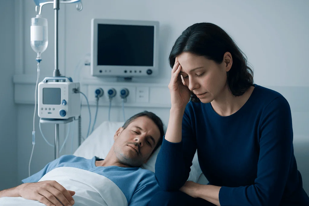 Concerned woman sitting beside a sick man in hospital bed.