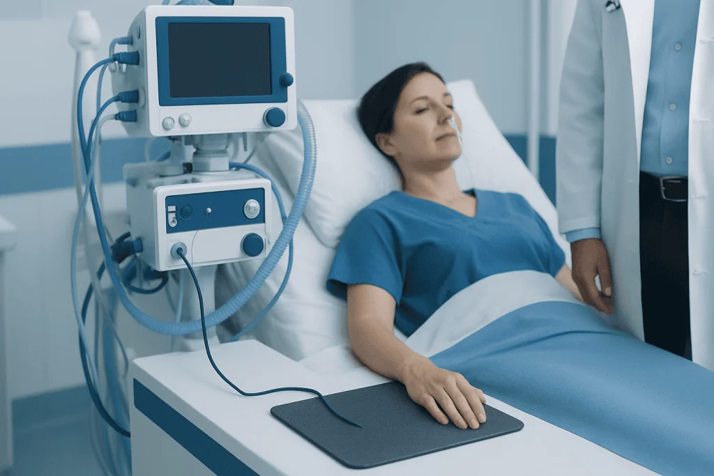 Patient in hospital bed connected to medical ventilator equipment.