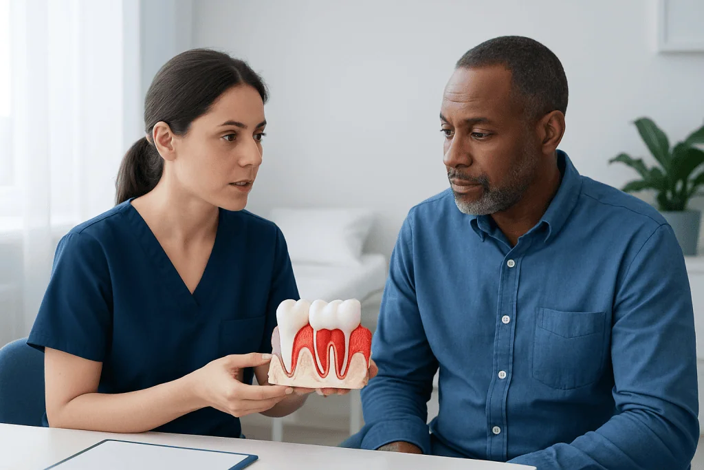 Dentist explaining gum disease to patient with dental model.