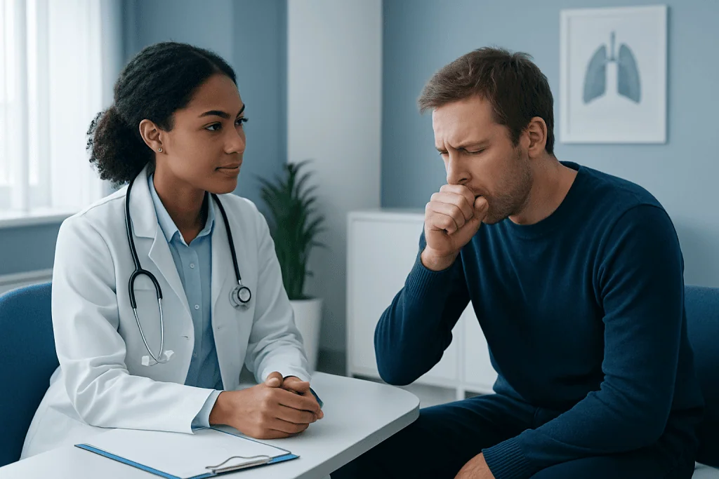 Doctor consulting with a patient about respiratory symptoms in a clinic setting.