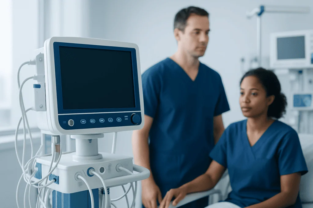 Medical professionals with monitoring equipment in a hospital setting.