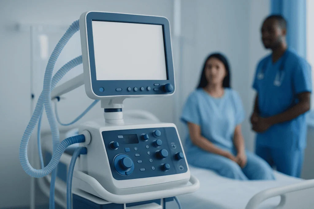 Medical ventilator machine in hospital room with healthcare professionals in background.