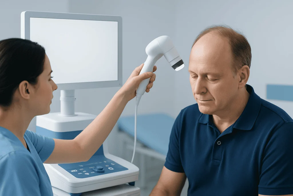 Medical professional performs scalp examination on male patient in clinic.