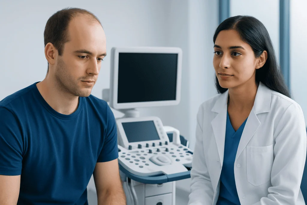 Doctor consulting with male patient in medical office with ultrasound equipment.