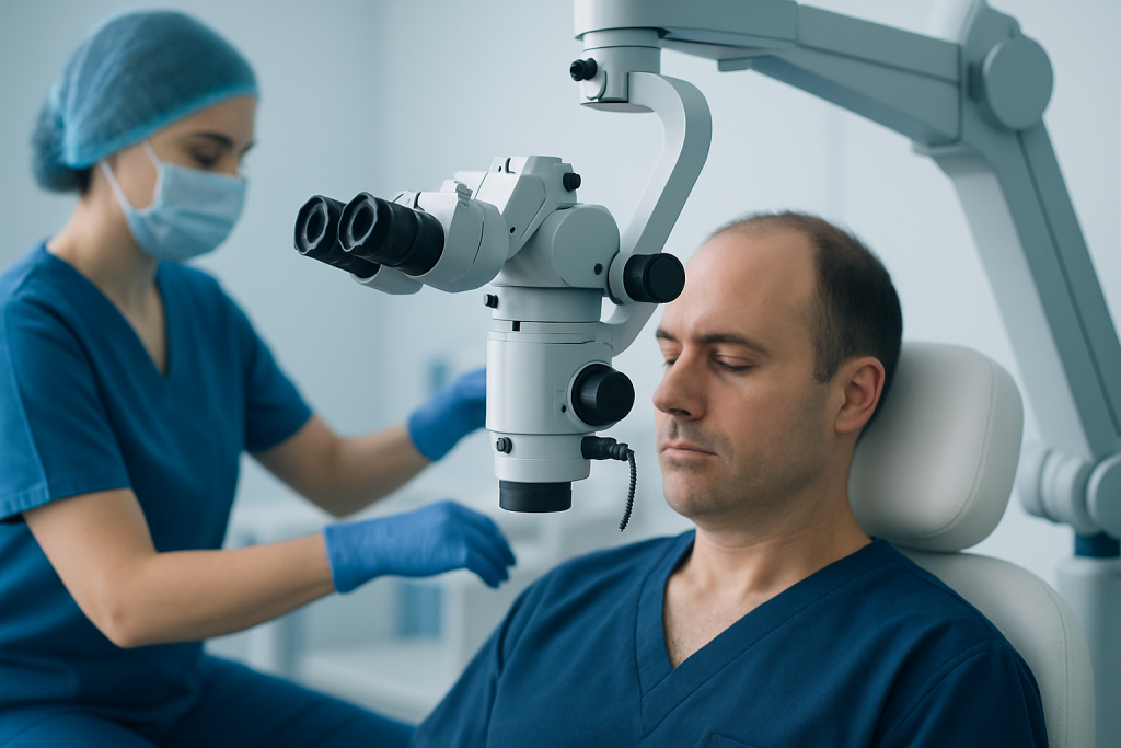 Doctor performing a hair transplant procedure with advanced medical equipment.
