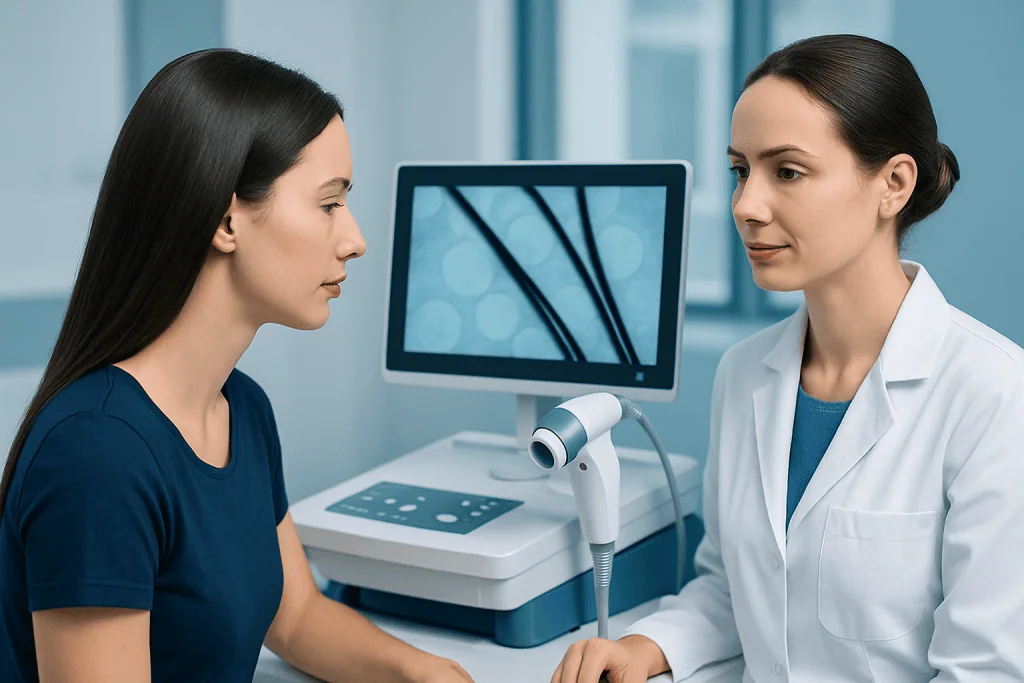 Doctor explains hair scan results to patient in a medical clinic.