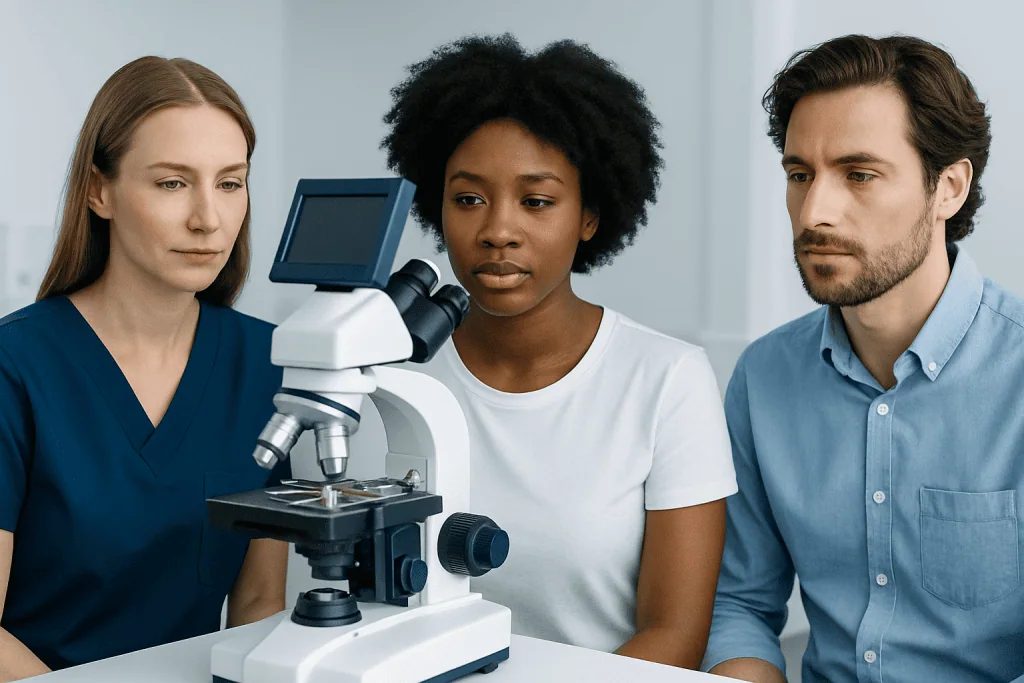 Medical professionals examining a sample through a microscope in a clinical setting.