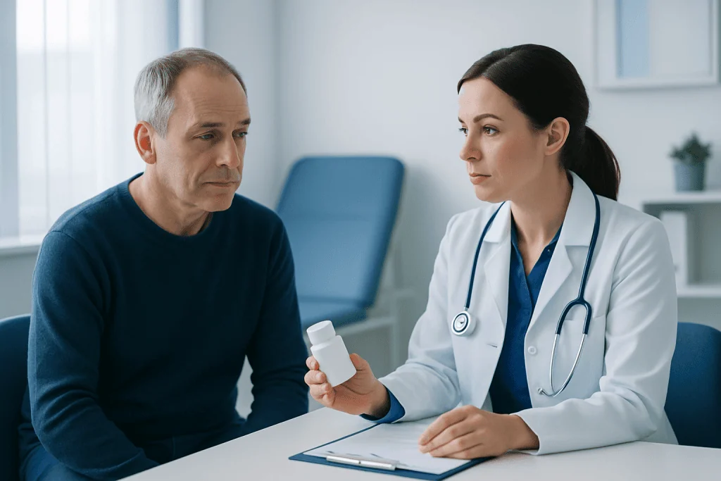Doctor explaining medication to male patient in consultation room.