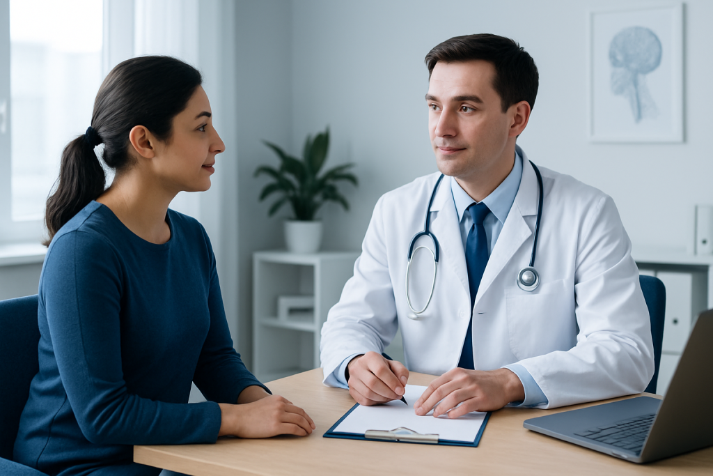 Doctor consulting with a female patient in a modern medical office.