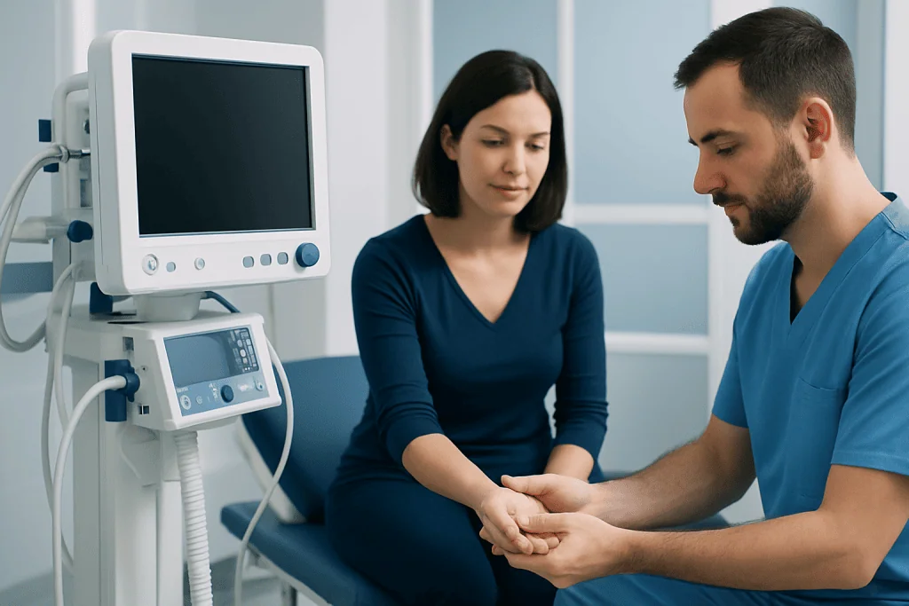 Doctor and patient holding hands during a medical consultation at a hospital.