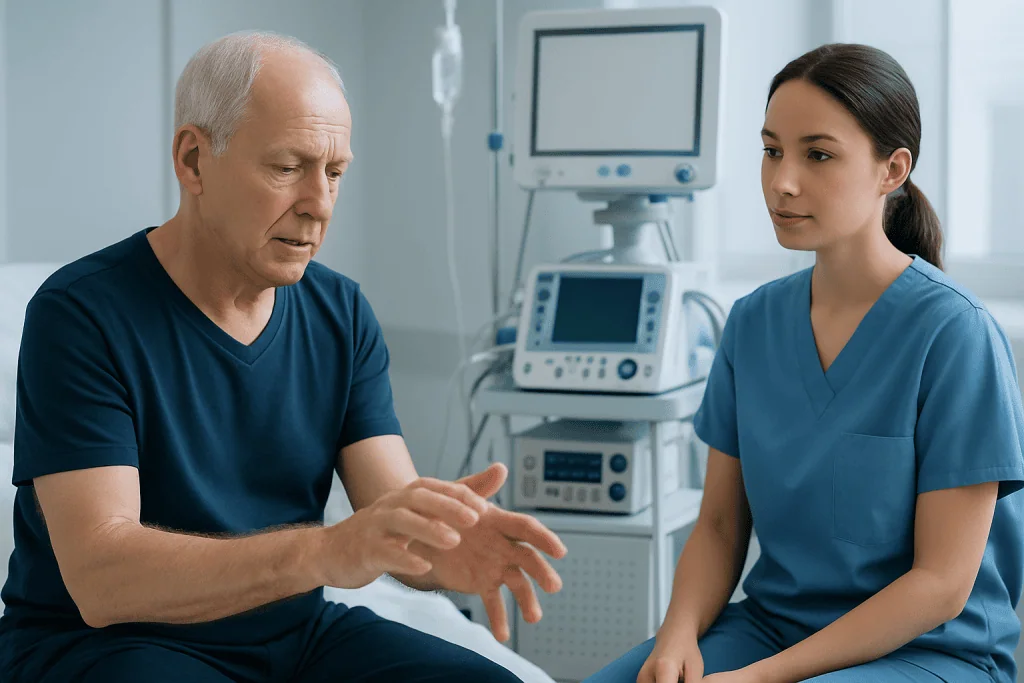 Doctor explaining symptoms to an elderly patient in a hospital setting.