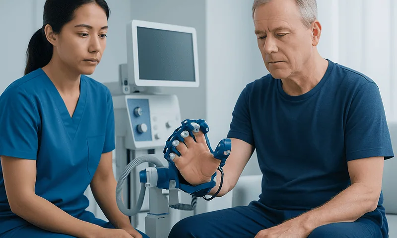 Patient undergoing hand examination with medical professional in hospital.
