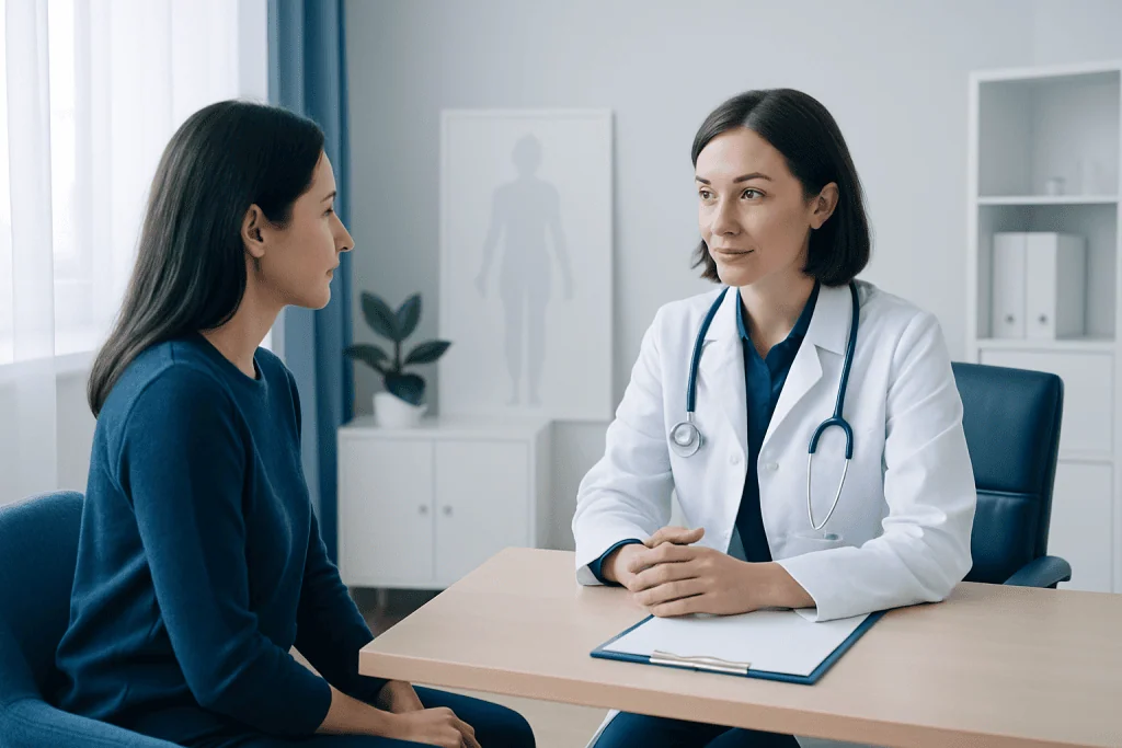 Doctor consulting with a patient in a modern medical office.
