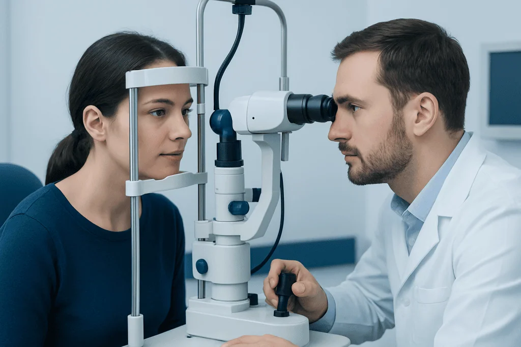 Optometrist examines patient's eyes with slit lamp in clinic setting.