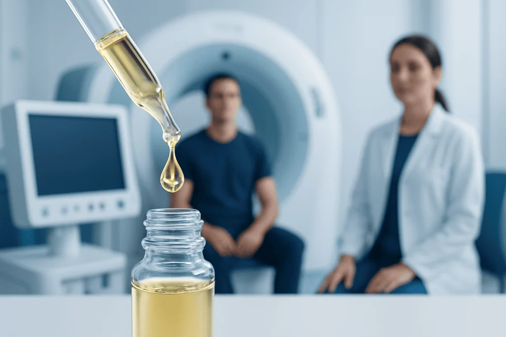Medical staff preparing a liquid sample in a clinical setting.
