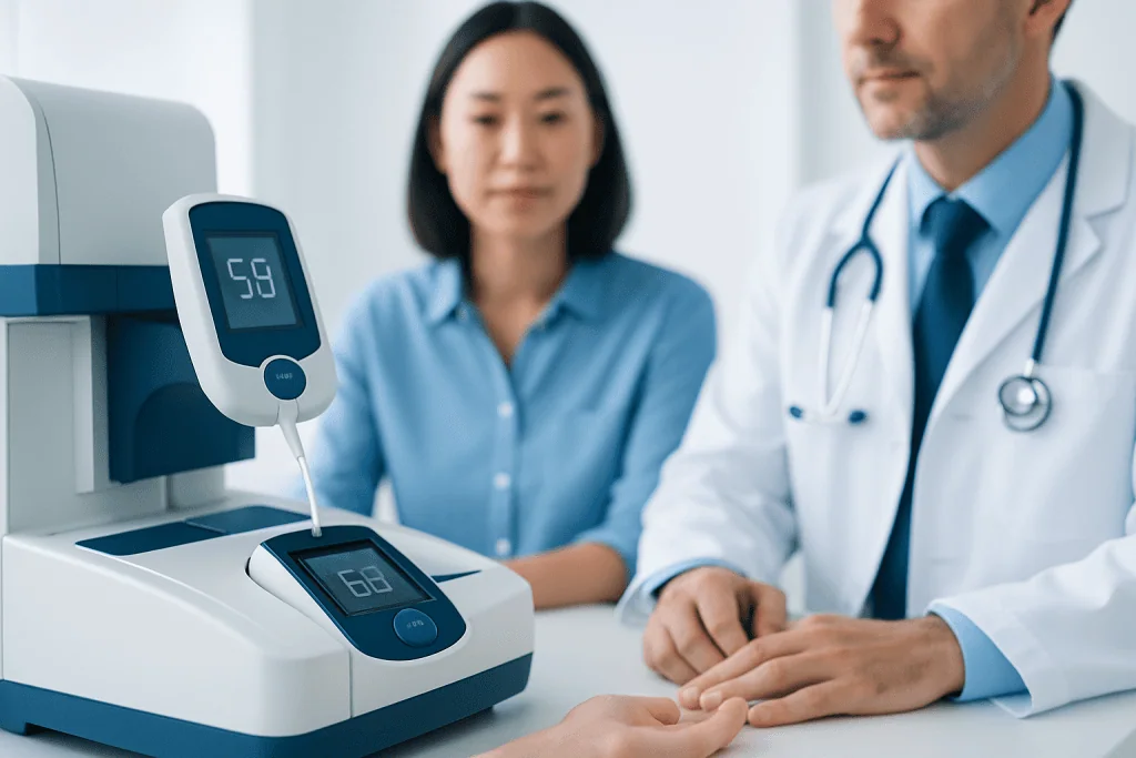 Medical professionals using blood analysis device in hospital setting.