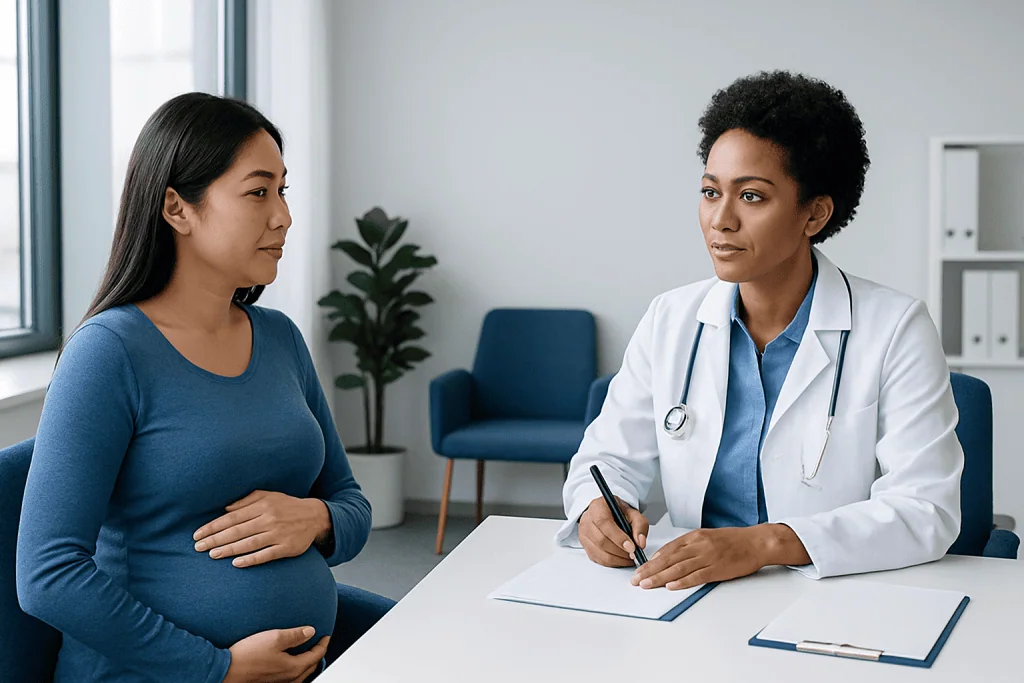 Pregnant woman consulting with doctor in a medical office.